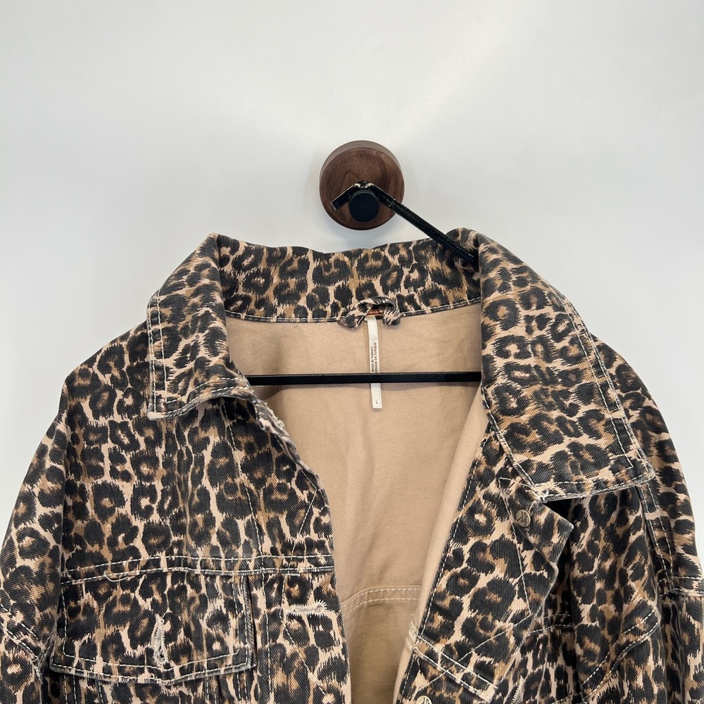 Free People Leopard Frayed Hem Denim Jacket